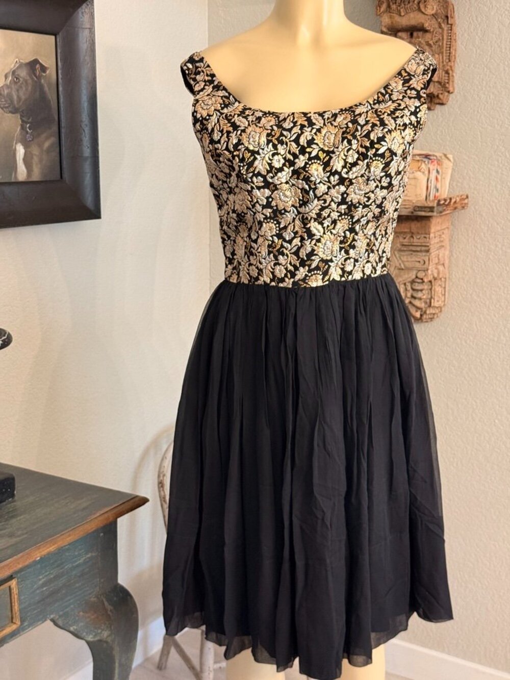 1960's Union Made DRESS upper gold&silver brocade w/sheer black base skirt